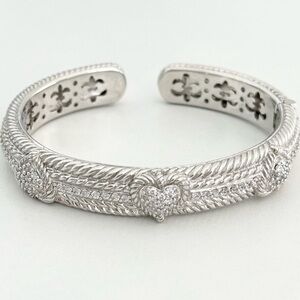 Judith Ripka Clear CZ Triple Heart Diamonique Heavy Silver Cuff Bracelet